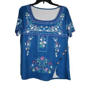 Women's Blue Floral Print Short Sleeve Button-accent Top L